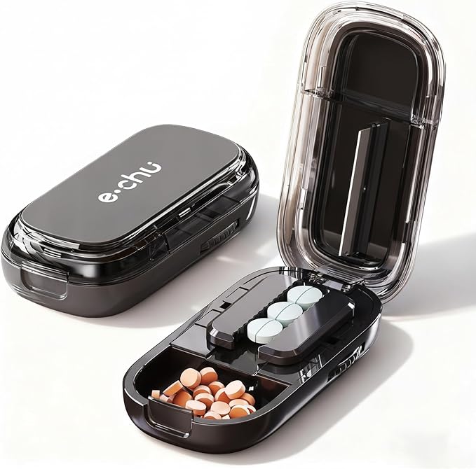 Pill Cutter Splitter for Small and Tiny Pills - Adjustable Pill Splitter with Centering Device for Cutting Multiple Pills, Precision Alignment, Easy to Use and Travel Sized (Inky Black)