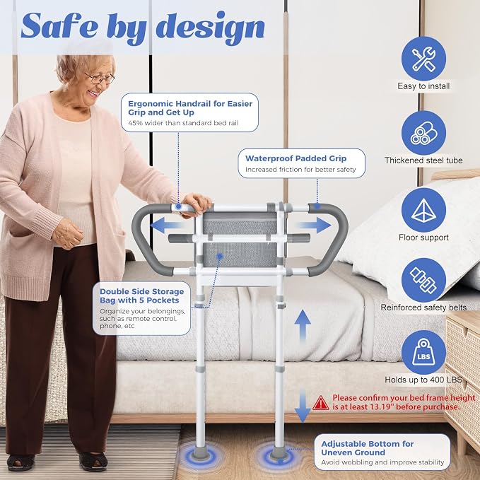 Bed Rails for Elderly Safety 400lb, Adjustable Assist Handle with Pocket | Fits frames 13.19"-19.16". Steel frame holds 400 lbs. Non-slip handle & rubber feet. No-tool assembly