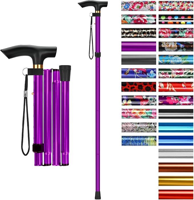 supregear Folding Cane, 5-Level Adjustable Height Walking Stick Lightweight Collapsible Portable Travel Cane with Wrist Strap and T Handle for Elderly Disabled Men Women