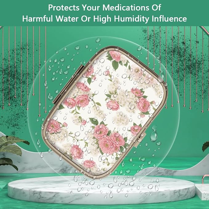 Pill Organizer Pill Box with Mirror Retro Small Pill Case for Purse or Pocket Bronze Pill Box or Vitamins, Fish Oil, Supplements, Pill Containe Travel Gifts（2PCS-Retro Pink Floral）