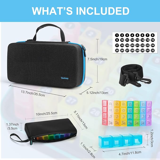 Monthly Pill Organizer 4 Times a Day, Pill Box Organizer with 32 Daily Compartments, 30 Day Pill Organizer 4X a Day Pill Holder with Hard Shell Travel Case with Weekly Pill Bag 4 Times a Day