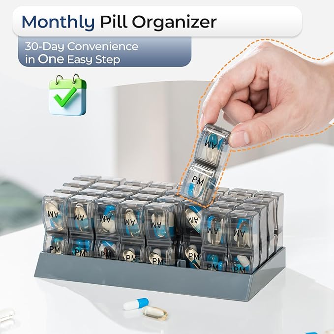 Monthly Pill Organizer 2 Times a Day, one Month Pill Box AM PM, 30 Day Pill Case Small Compartments to Hold Vitamin and Travel Medicine Organizer, 31 Day Pill Organizer, 4 Week Pill Cases（Grey）