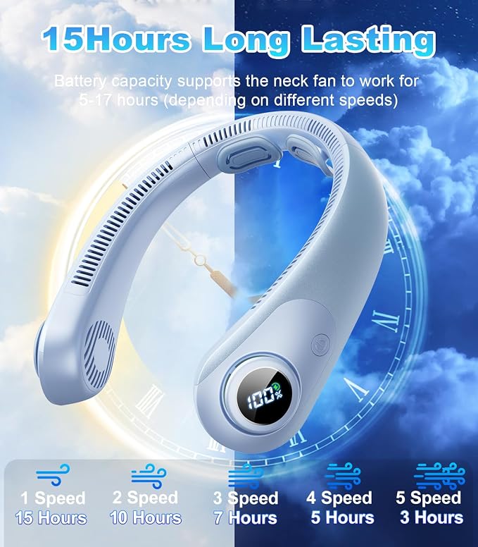 Portable Neck Fan With LED Display, Hands-free 5 Speeds Cooling, Neck Support, Lightweight, Battery Operated, Personal Bladeless Fan Rechargeable, Gift for Women Men, Hot Flashes, Travel, Camping