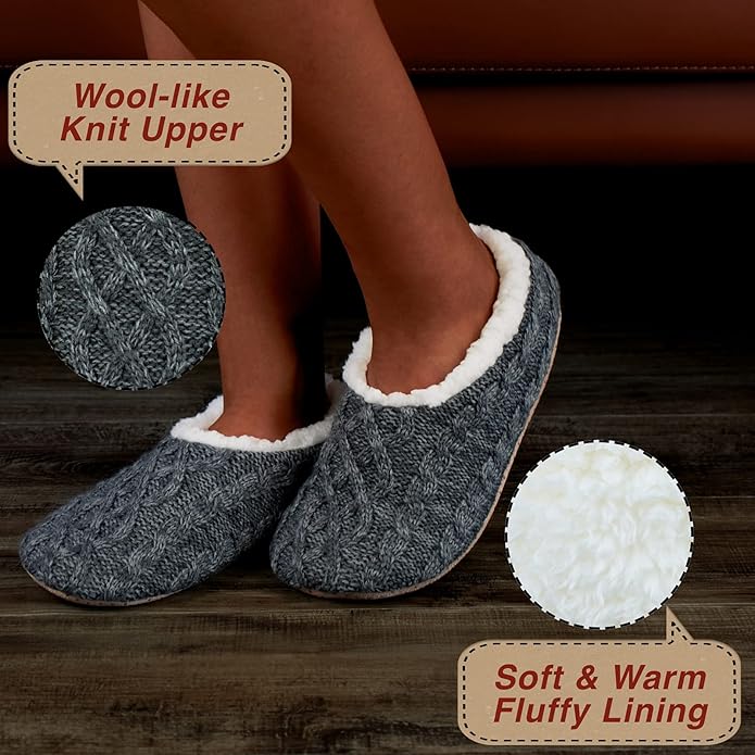 cosyone1997 2-Pair Thick Warm Fuzzy Slippers for Women Indoor Fluffy Sherpa Lined, Winter House Shoe Socks Non-Slip Soft Soles, Cozy Christmas Gifts
