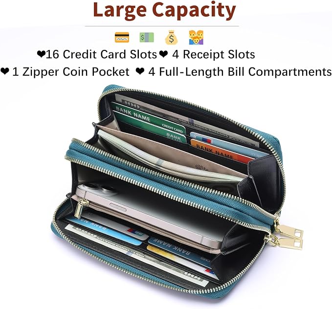 GOIACII Women's Wallet Large Capacity Double Zip Ladies Card Phone Holder RFID Blocking Wristlet Leather
