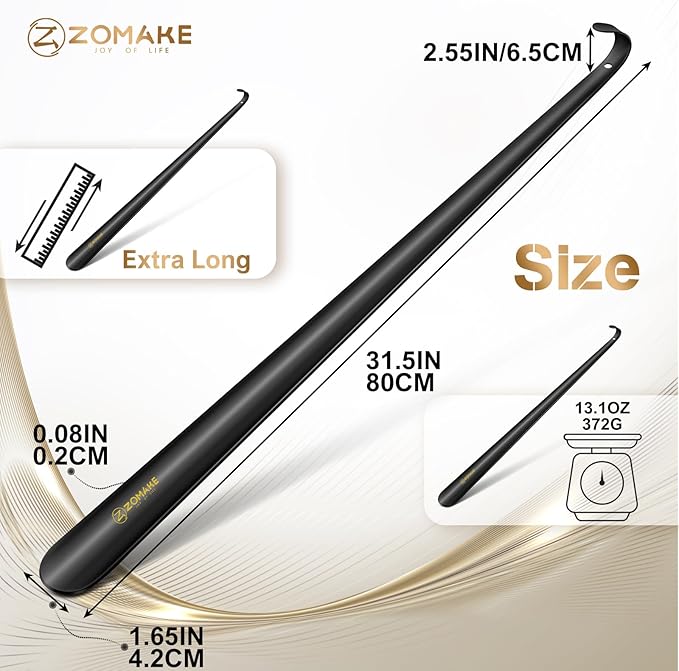 ZOMAKE Extra Long Shoe Horn for Seniors Men,Metal Shoehorn Long handle for Boots,Shoe Spoon Helper, 31.5 IN