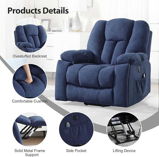 Power Lift Recliner Chair with Massage and Heat for Elderly, Overstuffed Wide Recliners, Heavy Duty and Safety Motion Reclining Mechanism with USB Ports, 2 Concealed Cup Holders, Navy Blue