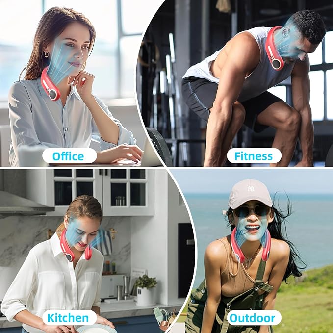 Portable Neck Fan, Personal Wearable Bladeless Fan, 6000mAh USB Rechargeable, 360° Airflow, LED Display, 4-Speeds, Hands Free Fan for Outdoor Indoor, Birthday Gifts for Men Women Dad Mom (Red)