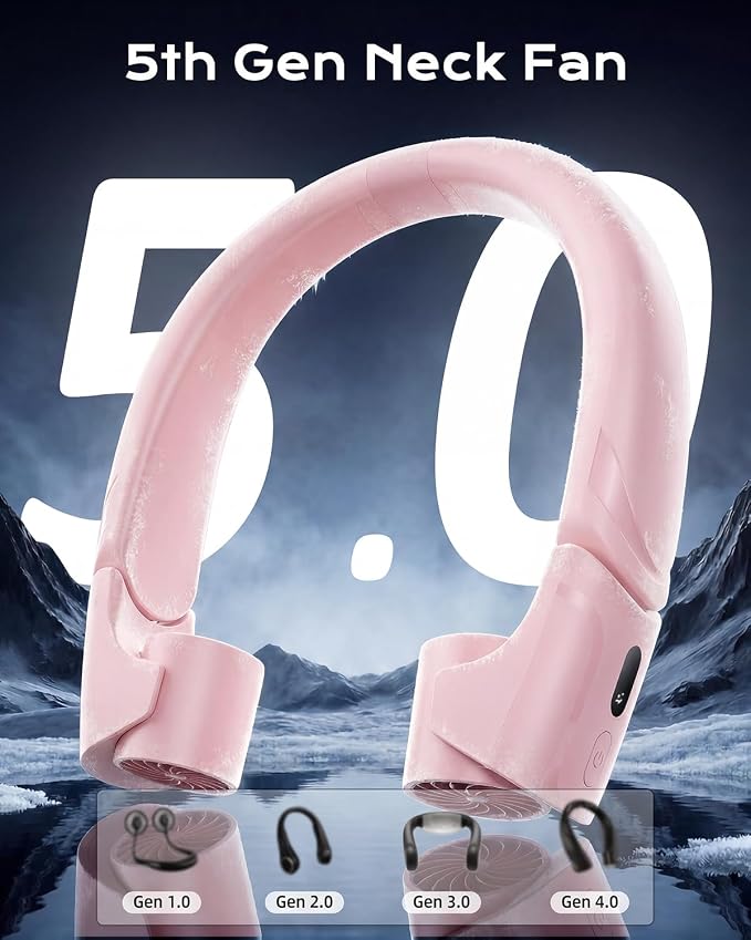 ChillGo 5th Gen Neck Fan with Adjustable Airvents, Dual Motors Personal Fan | 8000mAh Neck Fans That Blow Cold Air,Quick Charging,4 Speeds, Cooling Fan, Neck Cooling Fan for Travel, Gift for Women, Pink