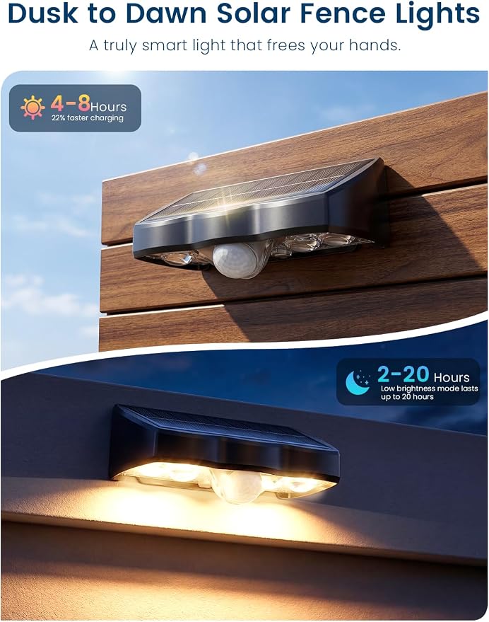 Solar Fence Lights Outdoor with Motion Sensor, 6 Pack Warm White Fence Lights Solar Powered 3 Modes IP65 Waterproof Dusk to Dawn Outdoor Lights for Patio Deck Wall Backyard Garden Decorative