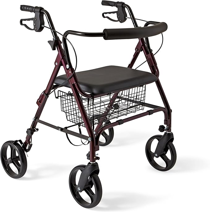 Medline Large Extra Wide Bariatric Rollator Walker with Seat, Burgundy, 400 lb. Weight Capacity, Foldable, Under Seat Storage, 8" Wheels, Padded Backrest, Rolling Walker For Seniors & Adults