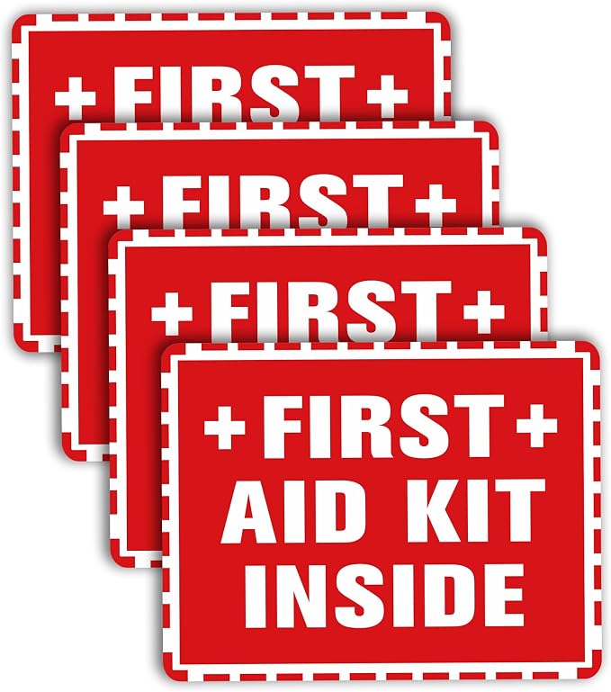 4PCS First Aid Sign Sticker, Self-Adhesive Waterproof First Aid Decals for First Aid Boxes, Emergency First Aid Kit Inside for Home, Car, Office, School, Factoryor Business 5.1''x3.9''