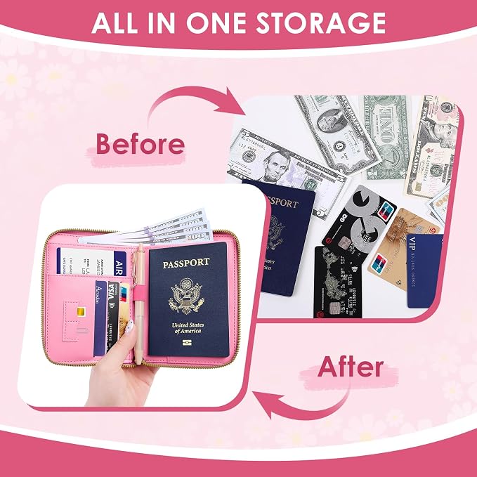 KONVINIT Pink Floral Passport Holder For Travel, Passport Cover For Women | Leather RFID Blocking Passport Holder, Cute Passport Wallet with Zipper Closure, Passport Case for Women and Men