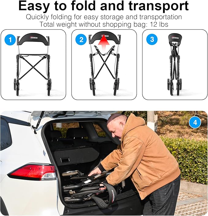Rollator Walker for Seniors/Adults Foldable Rolling Walker with Seat 440 lbs Capacity 4 Big 7.9 inch Wheels Hand Grips Adjustable Height Lightweight Carbon Fiber Walker Removable Back Support