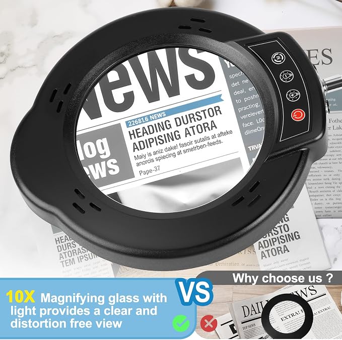 Upgrade 12X Magnifying Glass with Light, Real Glass Magnifying lamp, 5 Color Modes Stepless Dimmable, 84 LEDs, Magnifier with Light Hands Free for Close Work, Reading Craft Repair