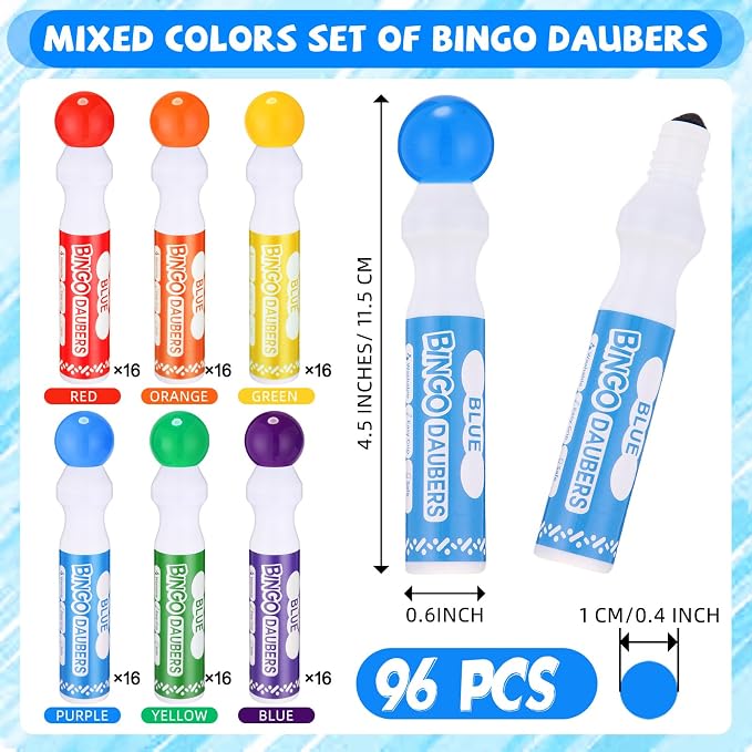 Crtiin 96 Pack Mixed Colors Set of Bingo Daubers Bingo Dabbers Dot Markers Bulk Paint Dotters Craft Ideal for Art and Crafts Painting Supplies Drawing Coloring Class Pre School Adult Gift (6 Colors)