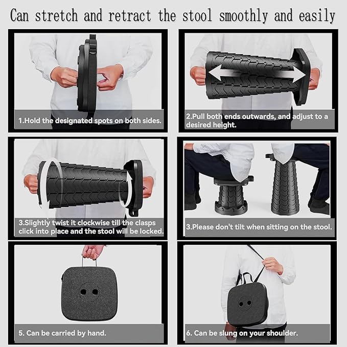 Upgraded Collapsible Stool Portable for Adults Heavy Duty, 620lbs Max Weight, Square Foldable Stool Thickened Telescoping Folding Seat for Camping Hiking, Outdoor, Travel(Square) (Black)