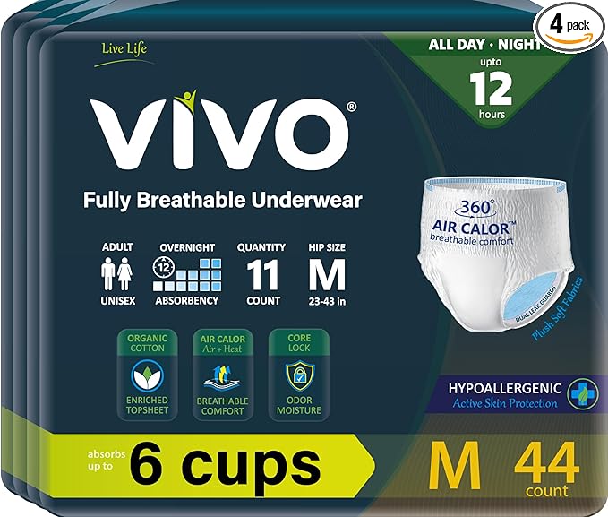 VIVO Organic Cotton Sensitive Skin Overnight Adult Incontinence Pullup Underwear, Women & Men, Medium 44 Count