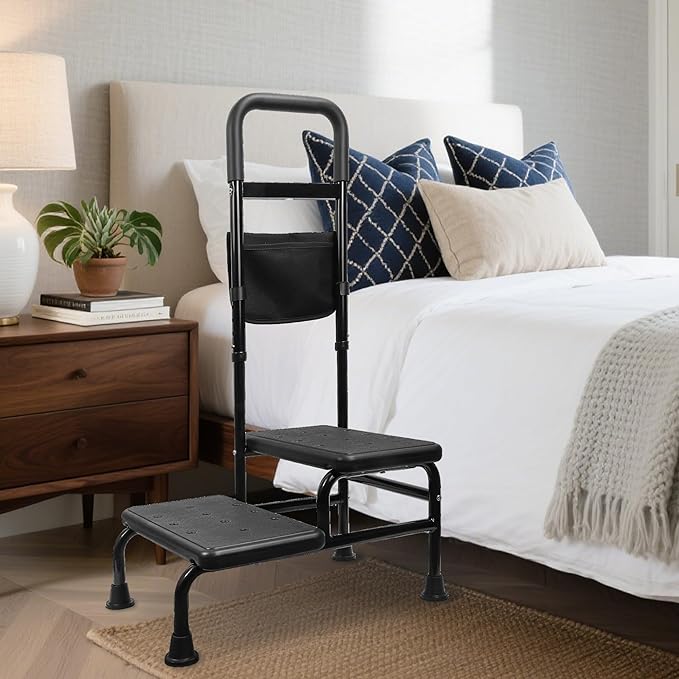 Step Stool with Handle – 2 Step Foot Stool for Adults, Non-Skid Bed Steps for High Beds, Adjustable Handrail with Night Light & Storage Bag, Safe Step Stool for Seniors & Elderly