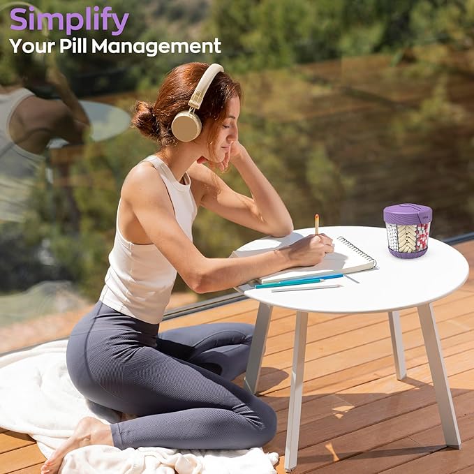 Pill Dispenser with 7 Large Compartments, Portable Pill Bottle Organizer for Travel, Anti-Mixing Supplement Organizer Easy Twist Wide-Opening, BPA-Free Pill Container with 20Pcs Labels,Purple