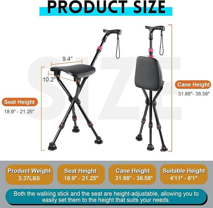 300-Pound Capacity Folding Cane with Seat, Adjustable Seat & Cane Height, Portable, Non-Slip Pads, Suitable for Middle-Aged & Senior Users, Daily Walking, Waiting in Line & Travel