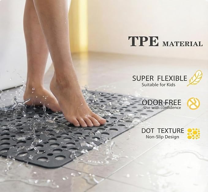 Nonslip Bathtub Mat Extra Soft TPE Bath Mat for Kids, Machine Washable Bathroom Shower Mat (Gray/ 35L x 16W Inch)