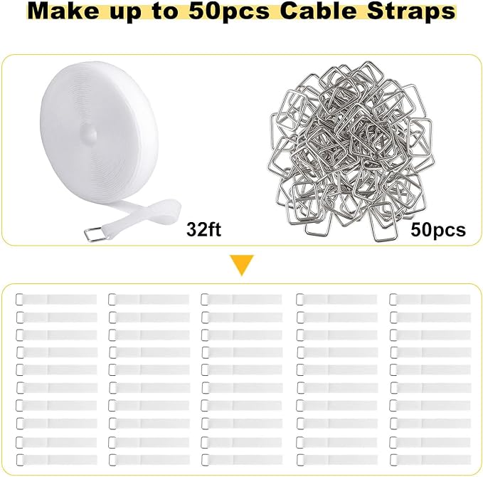 YMCRLUX 1"x32ft Hook and Loop Straps with 50 Metal Buckles, Adjustable Fastening Cable Straps, Cut-to-Length Cinch Strap, Reusable Nylon Securing Cord Ties for Organizer or Storage, 1 inch Wide, White