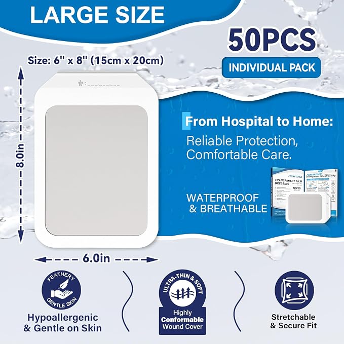 FRESINIDER Transparent Film Dressing 6” x 8” (50 Pack) – Large Waterproof Shower Bandages, Breathable Clear Wound Cover with Border for IV Shield, Post-Surgery Care & Tattoo Aftercare