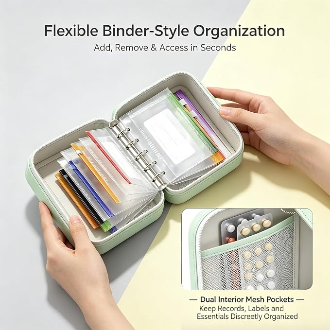 Travel Pill Organizer Binder with 14 Color-Coded Zipper Pouches(1Green) | Waterproof PU Exterior • Flexible 3-Ring System • Writable Labels • Crush-Resistant Shell