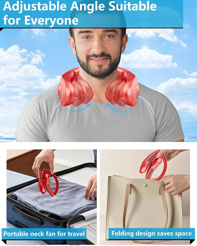 Portable Neck Fan with Water Mist, 4000mAh 4-9H Lasting, LED Display & 5 Fan-Speed, Dual Vents Rechargeable Neck AC, Hands-Free Bladeless Face Fans for Women Men Teens Birthday Gifts Beach Golf, Red