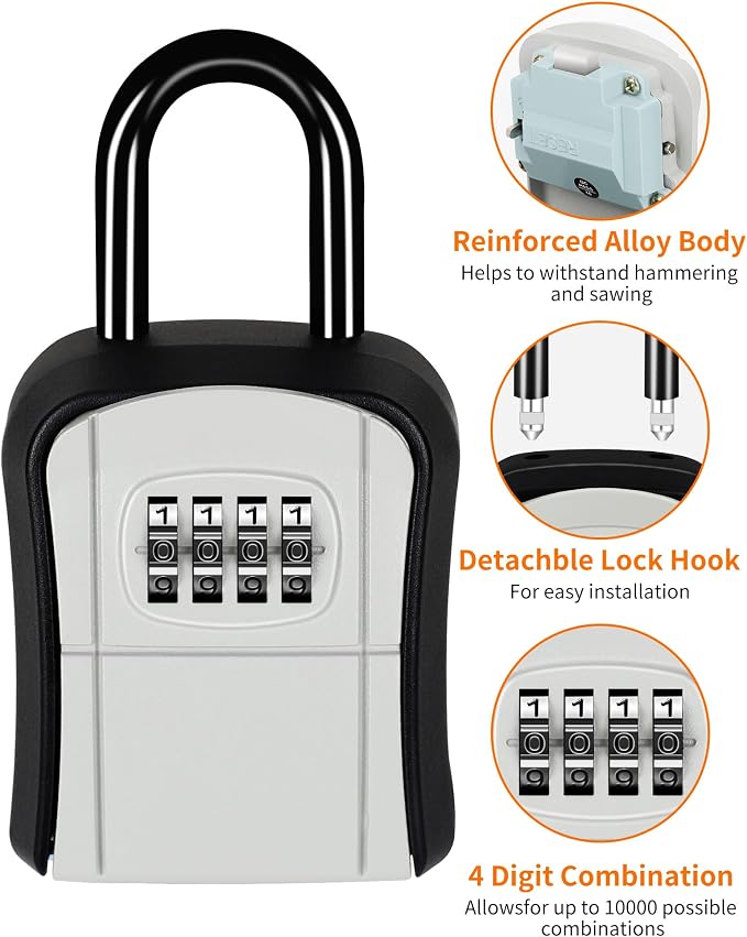 Portable Key Lock Box,Key Holder Safe Security Lock Box for Indoor, Outdoor, Garage, Garden, Store (1, Grey)