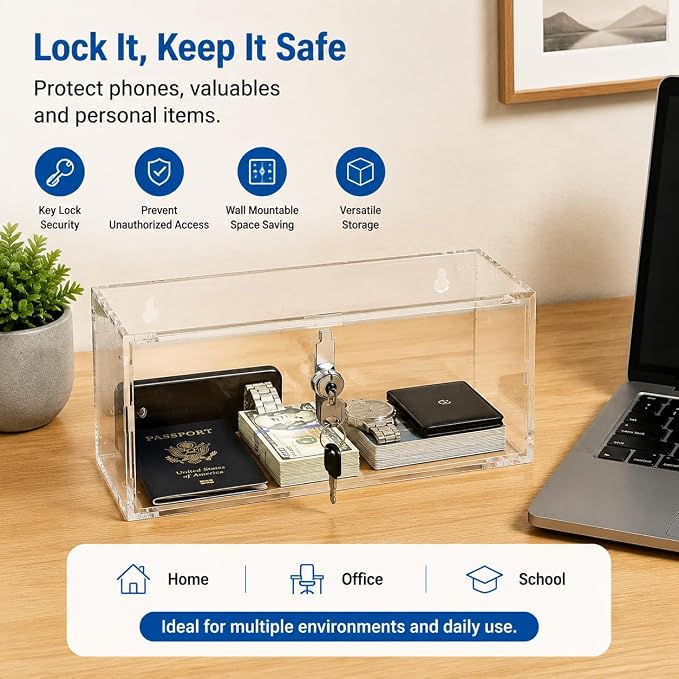 2 Pack Clear Acrylic Lock Box with Key Lock, Wall Mountable Security Storage Box, 9.9 x 5.1 x 3.9 Inch Lockable Container for Medicine, Phones, Snacks and Home Valuables