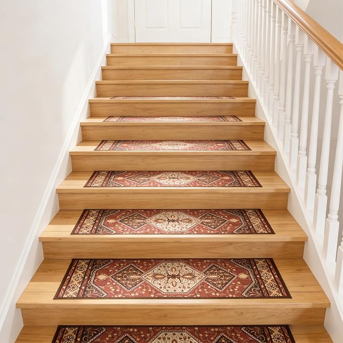 GIB Stair Treads for Wooden Steps Indoor, 15 Pack 8" X 30" Non Slip Carpet Stair Treads with Reusable Adhesive for Kids Elders and Dogs, Boho Vintage Oriental Stair Runner, Persian Tribal Orange Red