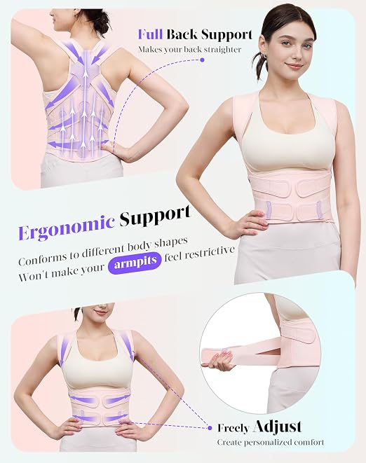 Posture Corrector for Women and Men, Full Back Support Brace, Adjustable Shoulder Straightener, Improving Posture, Relief Upper and Lower Back, Neck Pain, Pink, Large