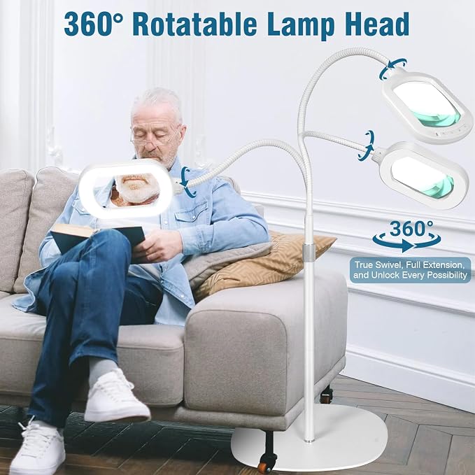 Large Magnifying Glass with Light and Stand, 15X Rectangle Optical Real Glass Lens, Height Adjustable Gooseneck Magnifier Floor Lamp, 5 Color Modes LED Dimmable Lighted Hands Free for Crafts - White
