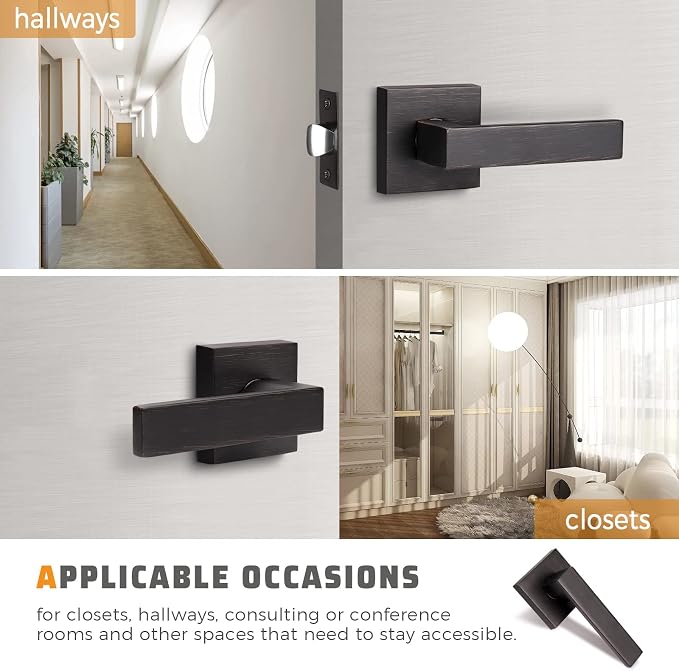 KNOBWELL 4 Pack Passage Door Handle Interior, Oil Rubbed Bronze Door Handles for Closet/Hallway Without Lock, Pull Only Square Door Knob with Levers