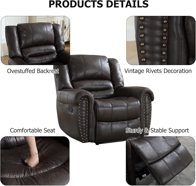 Leather Recliner Chair Set of 2, Classic and Traditional Manual Recliner Chair with Comfortable Arms and Back,Manual Single Recliner Sofa for Living Room, Dark Grey