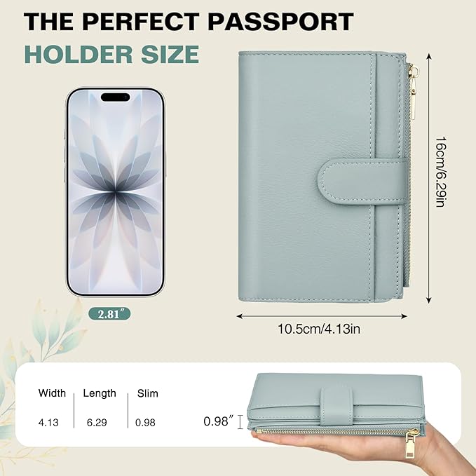 RFID Passport Holder for Travel, Leather Passport Wallet Cover with Airtag | with Airtag Slot, Card Cash Holders, Zippered Coins Pocket, for Women/Men, Gift Box, Travel Essentials, 4.1"L x 1"W x 6.3"H