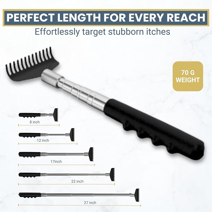 Robust Telescoping Back Scratcher for Instant Itch Relief, Extra Wide Head, Stainless Steel Handle Reaches Anywhere, Back Scratcher for Men, Back Scratcher for Women, Extends from 8" to 27" Gift Box