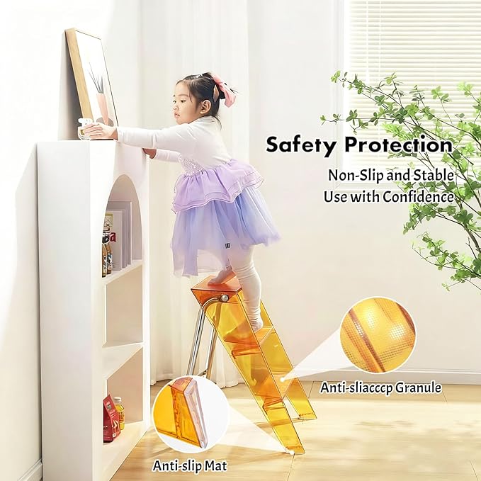 Acrylic 3 Step Ladder Folding Step Stool for Adults Foldable Small Step Stool Ladder for Kitchen Plastic Stepladder Modern Collapsible Ladder for Closet Home Bathroom Indoor (Transparent Orange)