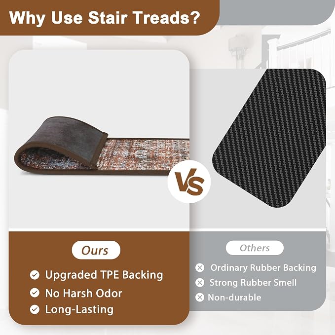 sarben 8"x30" Non Slip Stair Treads for Wooden Steps 15Pk,Light Clay Brown | Peel and Stick Carpet Stair Runner with TPE Adhesive Backing, Carpet for Added Safety, Pet and Senior Friendly