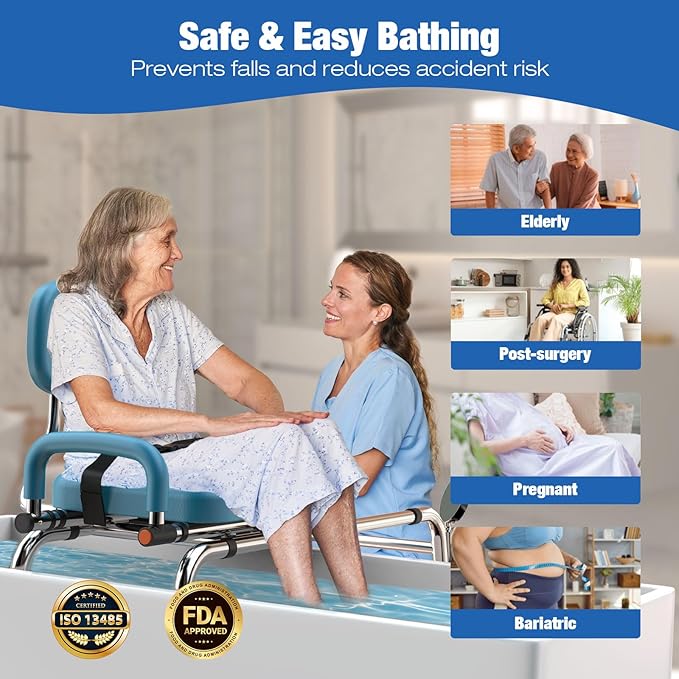 Sliding Shower Chair Tub Transfer Bench with Swivel Seat, 450lbs Shower Chair for Elderly and Disabled, Adjustable Height and Arms Width Bath Transfer Benches for Bathtub