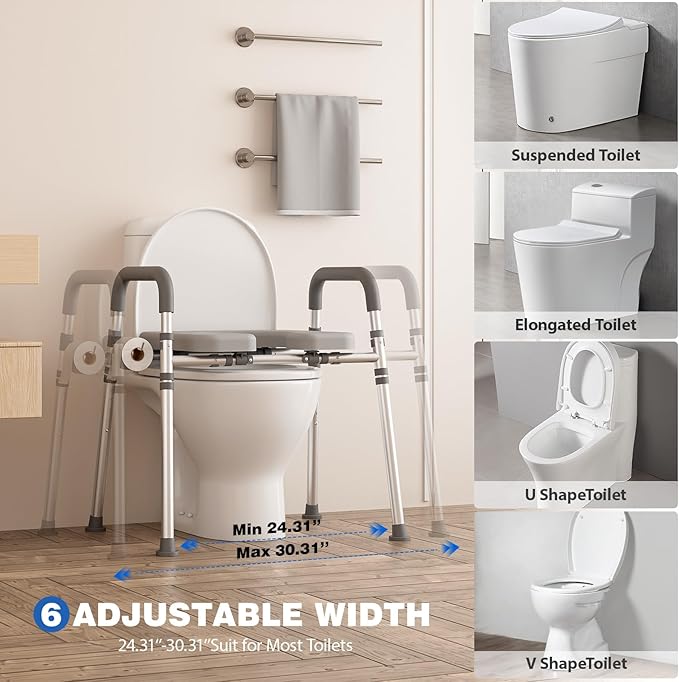 Toilet Seat Risers for Seniors, Raised Toilet Seat with Padded Handles & Seat, 400 LBS Raised Toilet Seat with Adjustable Height & Width for Pregnant, Disabled, Handicapped,(Gray)