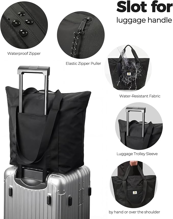Foldable Travel Bag, 26L Duffle Bag for Travel, Expandable Second Carry-On Bag for Travel & Shopping, Water-Resistant Personal Item Bag, Black