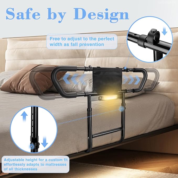 Bed Rails for Elderly Adults Safety: Adjustable Bedside Assist Rails with Storage Pockets, Non-Slip Handles, Items for Elderly Bed Rail, 400LB Gravity Capacity Black