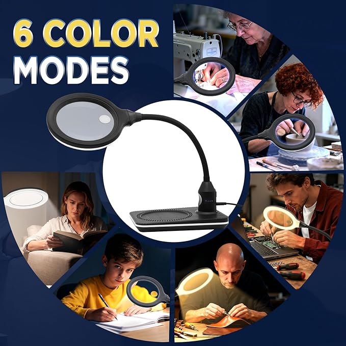 Rechargeable Magnifying Glass with Light and Stand for Reading & Close Work | Dual 15X/30X Lens • 3600mAh Rechargeable • 4.1" Lens • 6 Lighted Modes • Adjustable Brightness • Flexible Gooseneck