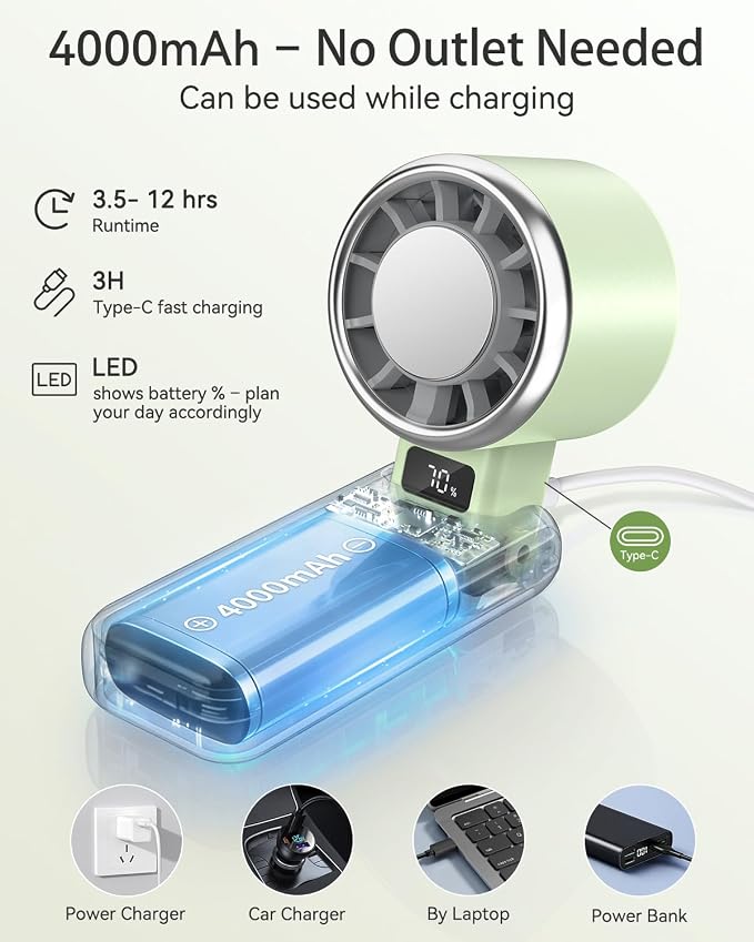 Portable Handheld Fan, USB Fan with Turbo & Ice Cooling, 5-Speed 4000mAh Rechargeable, 3-in-1 Mini Electric Fan, Lightweight & Compact for Outdoor, Camping, for Men & Women -Green