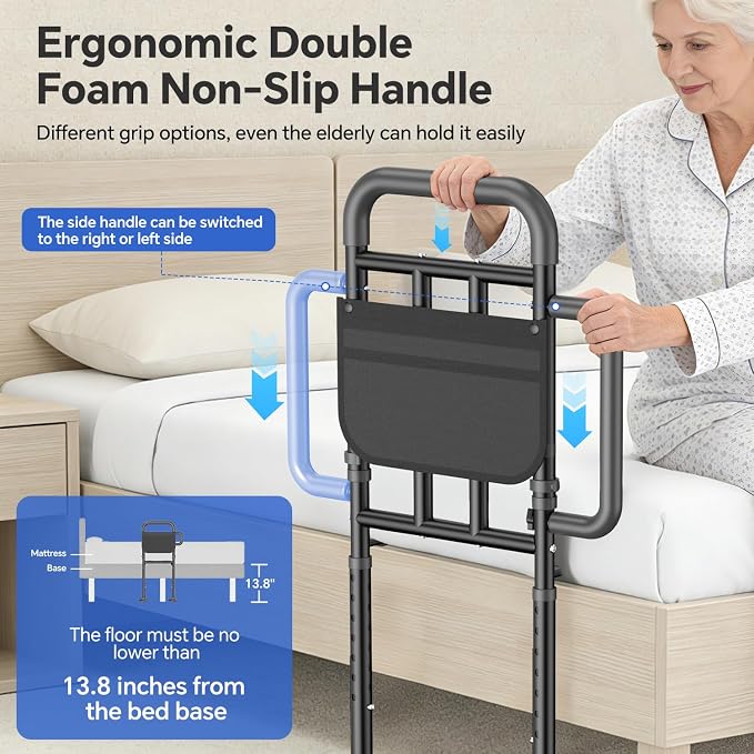 Bed Rails for Elderly Adults Safety with Non-Slip Handle，Adjustable Bed Assist Rail, ASTM Approved, 400 lb Capacity, Fixing Strap & Storage Pocket, Fits Twin/Full/Queen/King