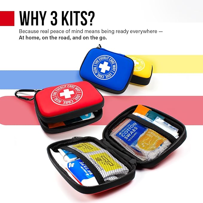 EVERLIT CARE MiniAid First Aid Kit | Compact & Lightweight Case with Carabiners for Travel | Family & Kid Friendly 180 Pcs Wound Care Supplies for School, Work, Outdoor, Home & Office | Pack of 3