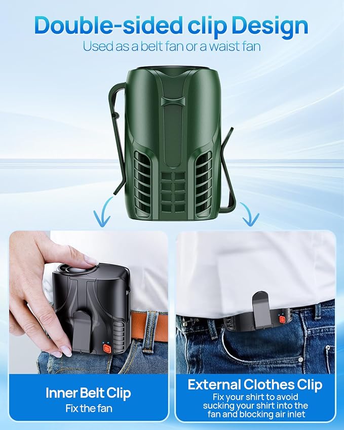 Portable Personal Waist Fan& Neck Fan, 14000RPM Brushless Motor, 40H Runtime Rechargeable, 6-Speed Quiet Operation, Clip-On Personal Body Cooling for Camping/Worksites/Outdoor
